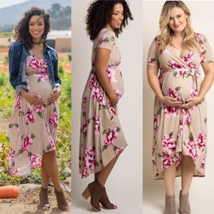 Beige Floral Hi-low Maternity Dress